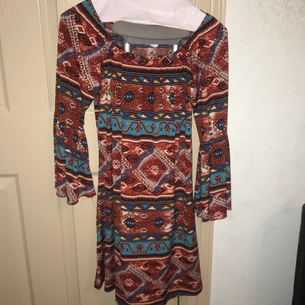 Multi colored soft fabric dress. Bell sleeves